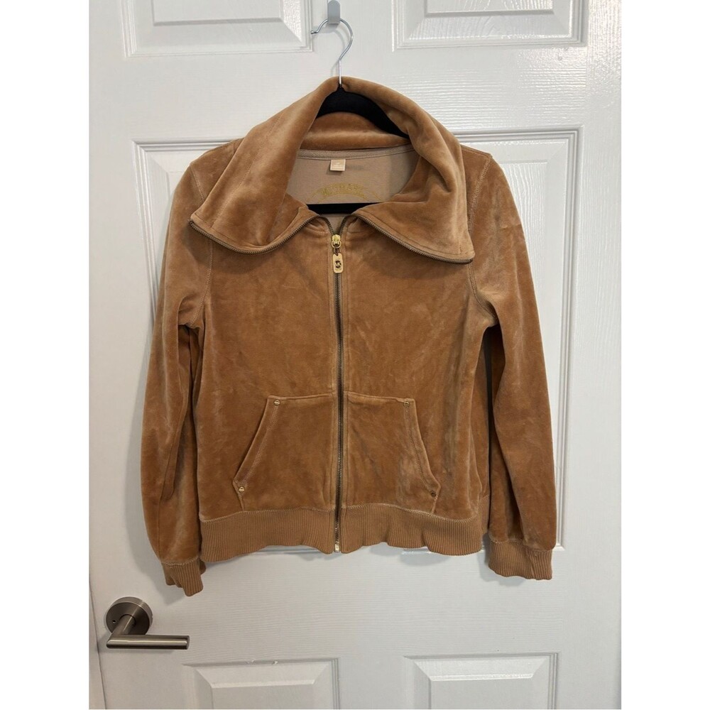 Michael Kors Women’s M Tan Brown Velour Zip Up Jacket Y2K Wide Collar